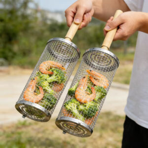 rotating bbq grill basket with wooden handle