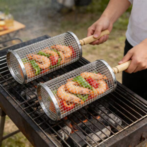 rotating bbq grill basket with wooden handle