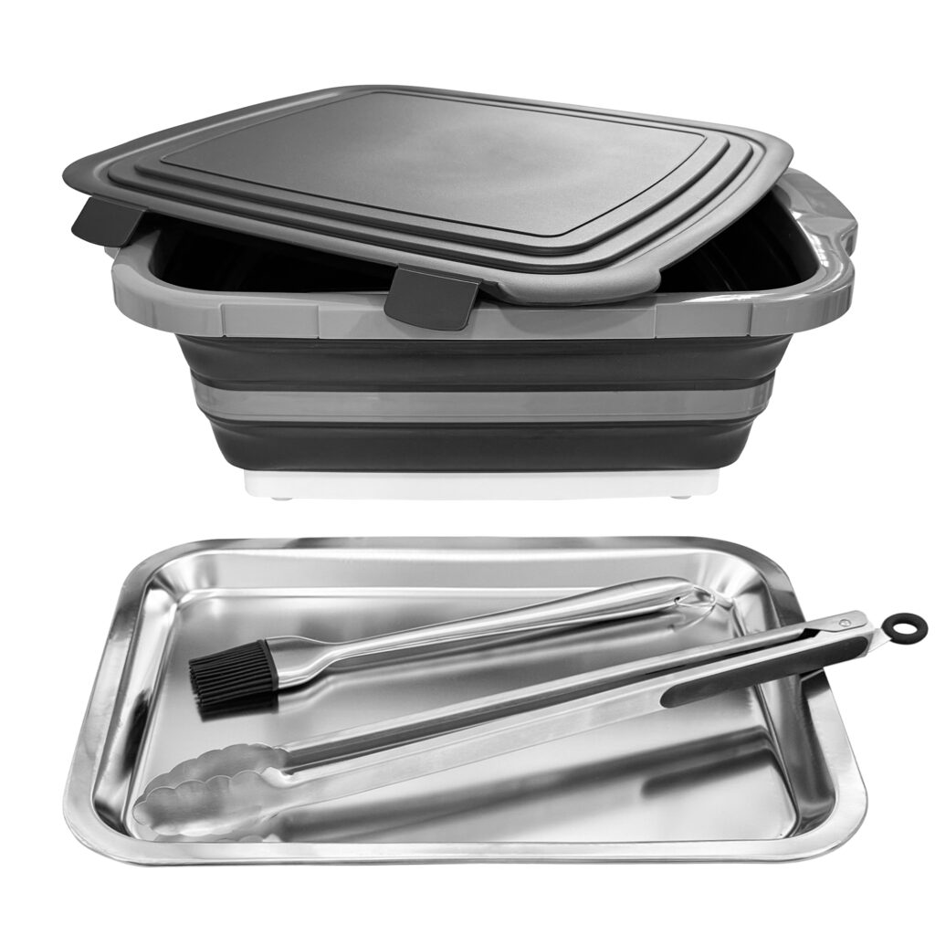 bbq folding basket set with tray clips & brush