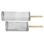 rotating bbq grill basket with wooden handle