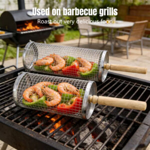 rotating bbq grill basket with wooden handle