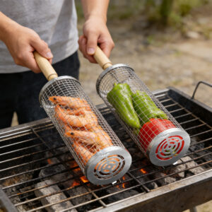 rotating bbq grill basket with wooden handle