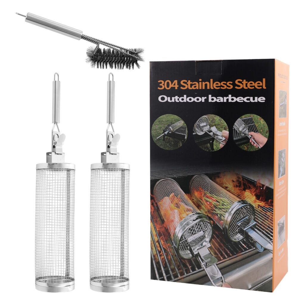rotating bbq grill basket stainless steel handles
