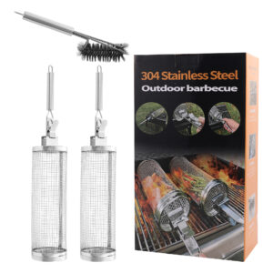 rotating bbq grill basket stainless steel handles